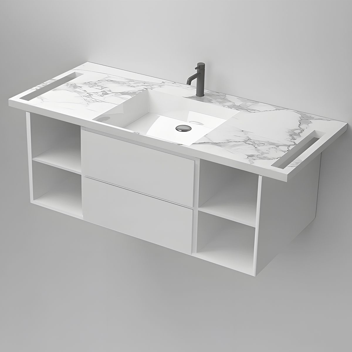 Waschbecken, Weiß Carrara Arabescato Finish, Handtuchhalter, Komposit, wandhängende Halb-Einbaumontage, 125x55 cm, Lavanda