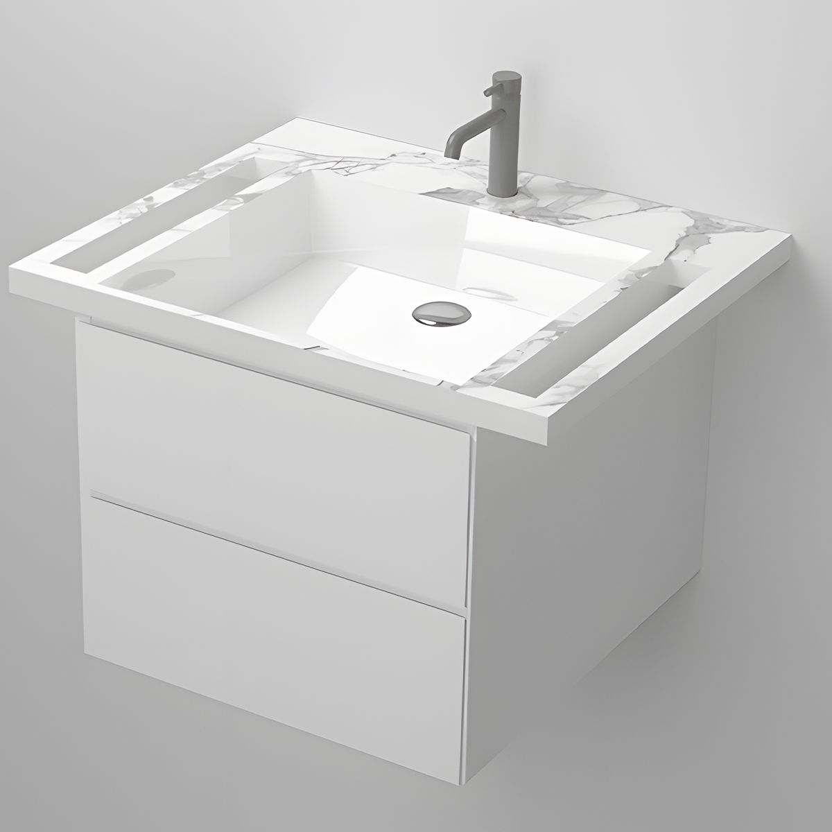 Waschbecken, Weiß Carrara Arabescato Finish, Handtuchhalter, Komposit, wandhängende, Halb-Einbaumontage, 65x55 cm, Lavanda