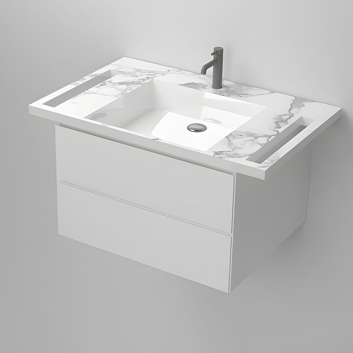 Waschbecken, Weiß Carrara Arabescato Finish, Handtuchhalter, Komposit, wandhängende, Halb-Einbaumontage, 85x55 cm, Lavanda