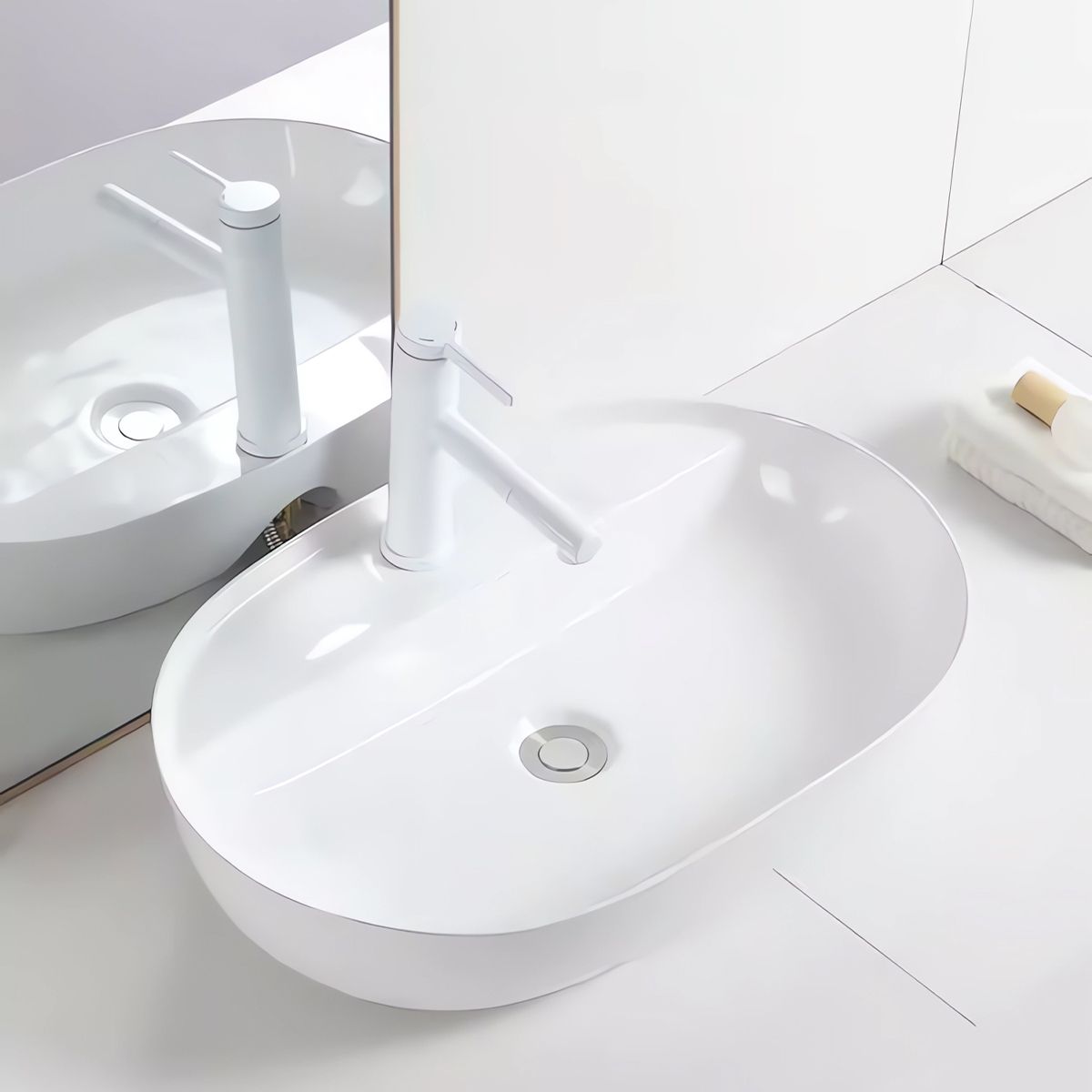 Hochglanzweißes Waschbecken mit Hahnloch, Aufsatzmontage, Sereno