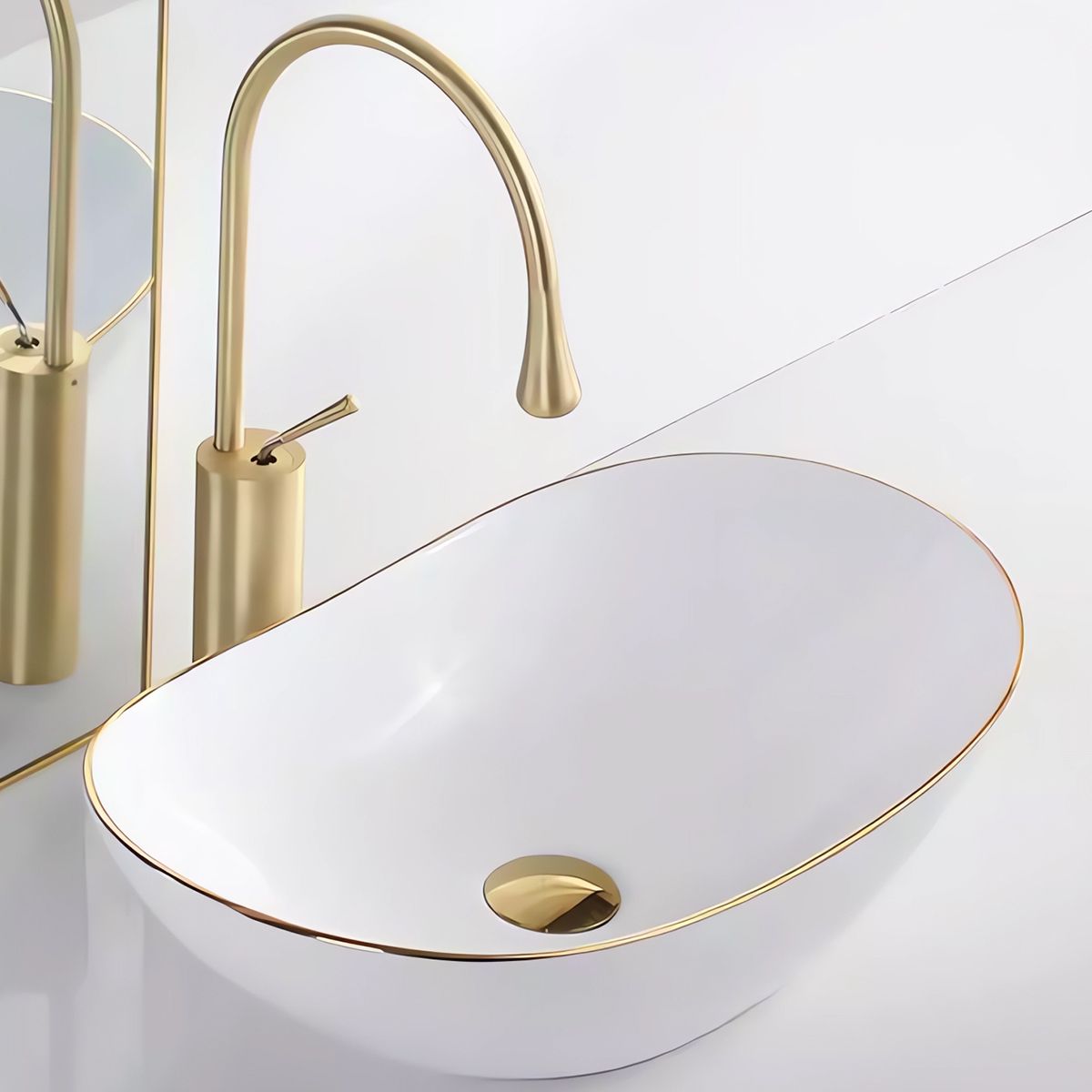 Waschbecken Luigi Gold Line, Glänzend Weiß, ohne Armaturenloch, Aufsatzmontage, Sanitärkeramik, 61x35 cm