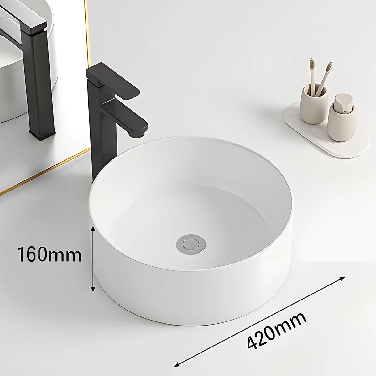 Waschbecken, Mattweiß, Sanitärkeramik, ohne Hahnloch, Durchmesser 42 cm, Linea