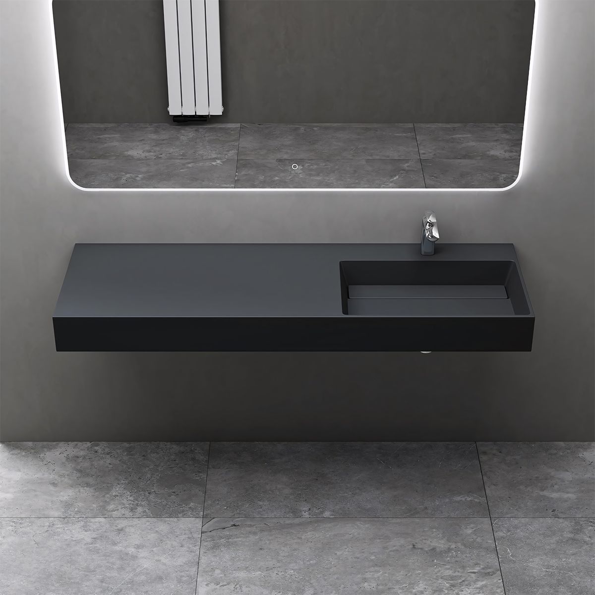 Waschbecken, Anthrazit, 150x48 cm, Marmorverbundstoff, zur Aufsatz- oder Wandmontage, Matt Anthrazit, verdeckter Ablauf, EGO 12R