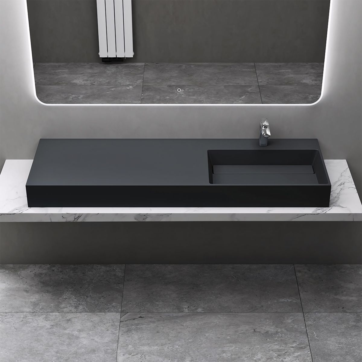 Waschbecken, Anthrazit, 150x48 cm, Marmorverbundstoff, zur Aufsatz- oder Wandmontage, Matt Anthrazit, verdeckter Ablauf, EGO 12R