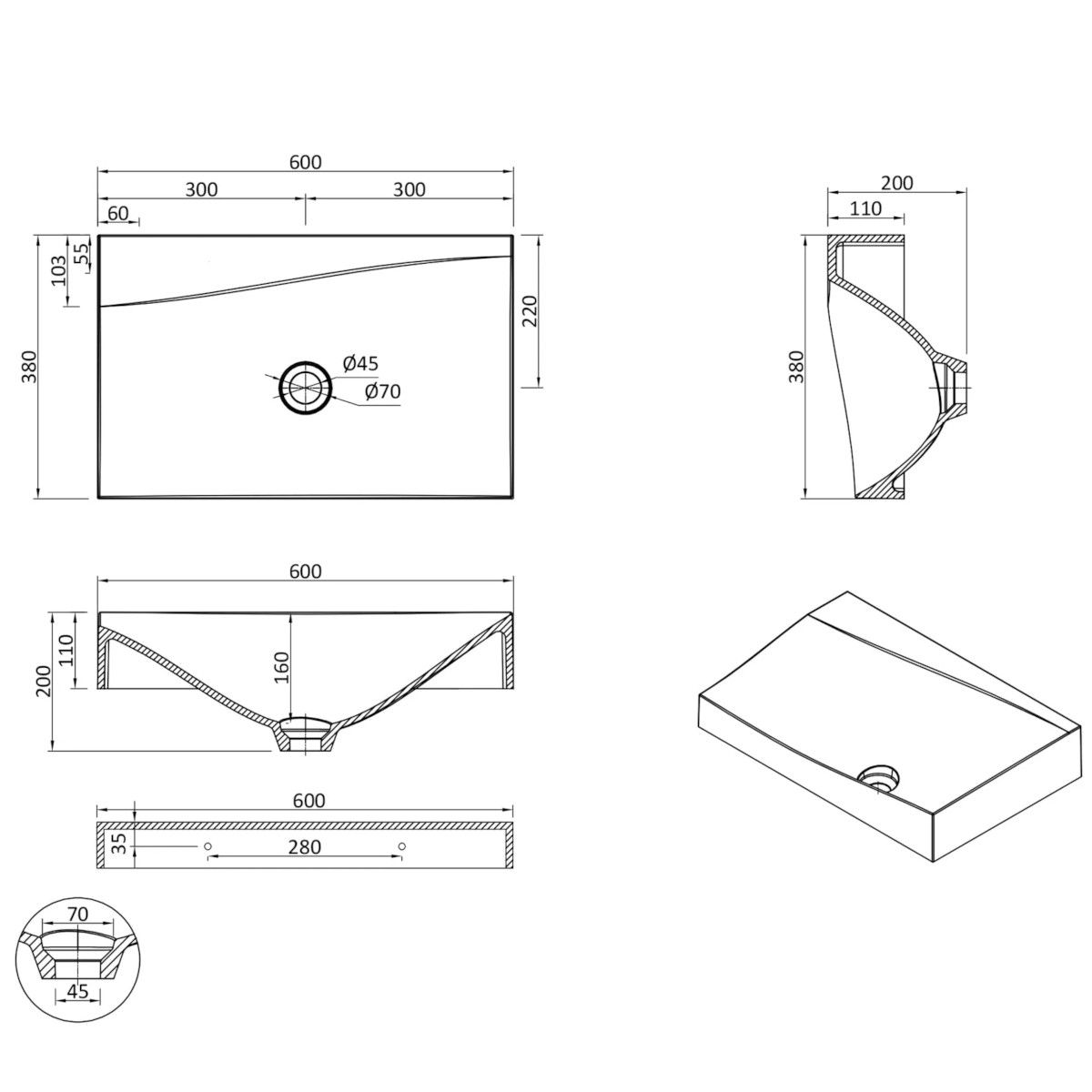Waschbecken, Mineralguss, Farbe Weiß glänzend, Wandmontage, 60x38 cm, Ego-6035