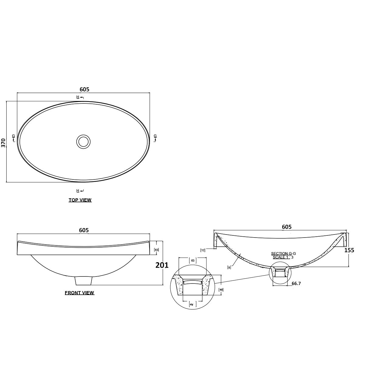 Waschbecken, Mineralverbund, Halb-Einbaumontage, Ablauf weiß inklusive, 60x37 cm, glänzend Weiß, Sola