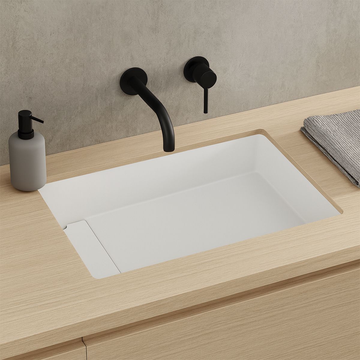 Waschbecken, Mineralverbund, verdeckter Abfluss, Unterbau-Montage, glänzend Weiß, 58-68x45x17 cm, Milo