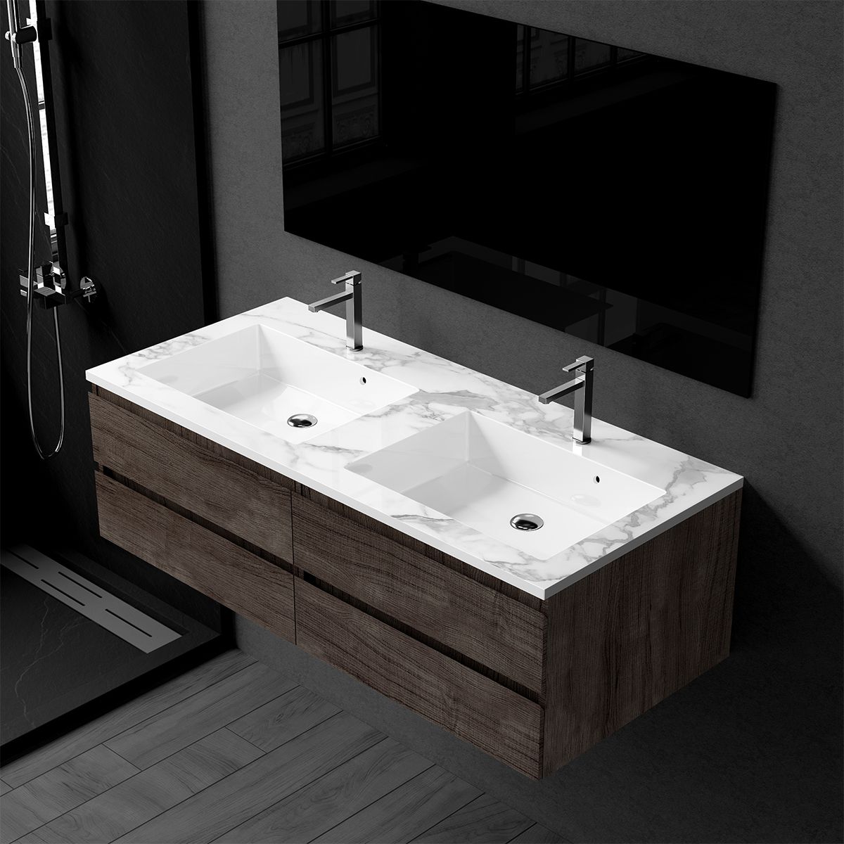 Doppelwaschbecken, Komposit, Carrara Arabescato Finish, Halb-Einbaumontage, 121x54.2 cm, Cortina