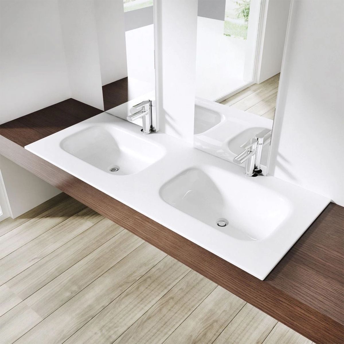 Doppelwaschbecken EGO 04, Hochglanzweiß, 120 x 48 cm, halb-unterbau, Marmor-Verbundwerkstoff, mit zwei Armaturenlöchern