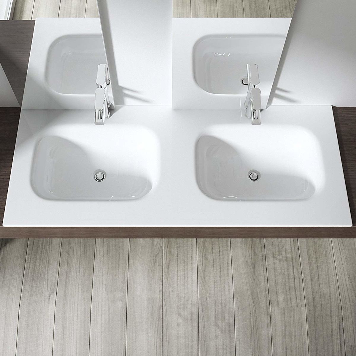 Doppelwaschbecken EGO 04, Hochglanzweiß, 120 x 48 cm, halb-unterbau, Marmor-Verbundwerkstoff, mit zwei Armaturenlöchern