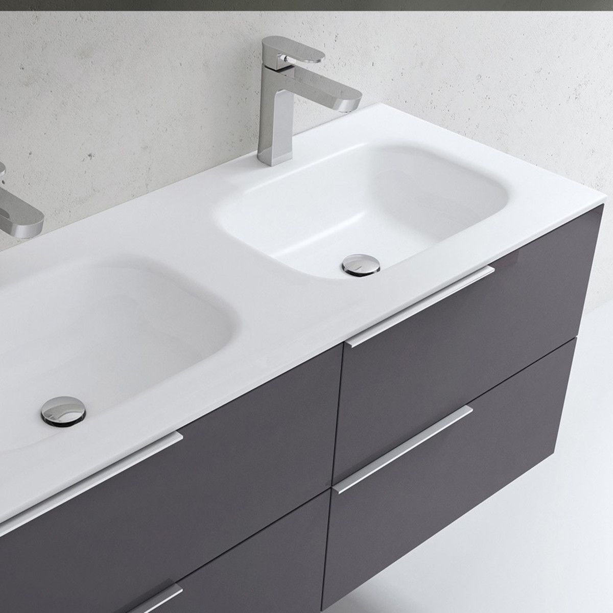 Doppelwaschbecken EGO 04, Hochglanzweiß, 120 x 48 cm, halb-unterbau, Marmor-Verbundwerkstoff, mit zwei Armaturenlöchern