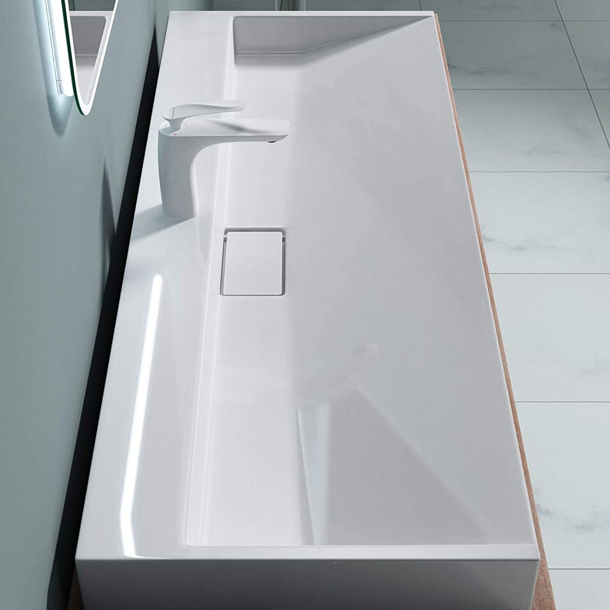 Doppelwaschbecken EGO19, Weiß, glänzend, 120 cm, Marmor-Verbundwerkstoff, Wand- oder Aufsatzmontage, mit einem Armaturenloch