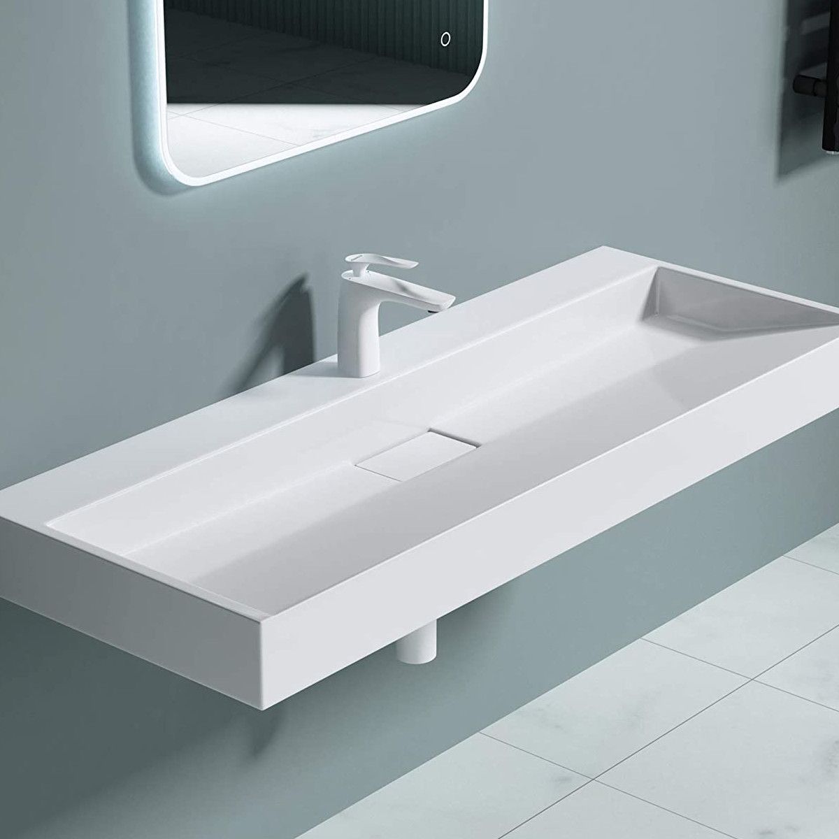Doppelwaschbecken EGO19, Weiß, glänzend, 120 cm, Marmor-Verbundwerkstoff, Wand- oder Aufsatzmontage, mit einem Armaturenloch