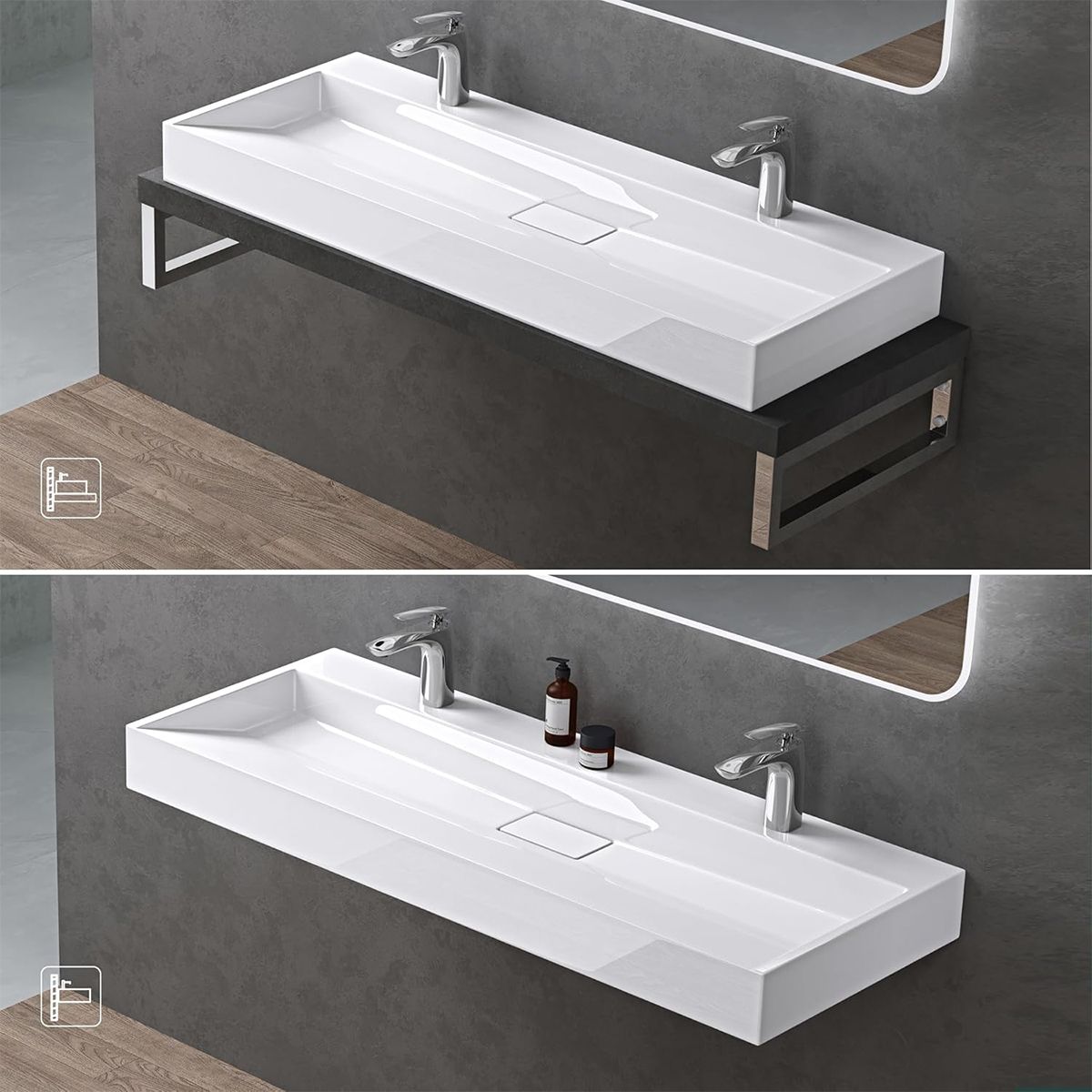Doppelwaschbecken EGO 19, Weiß, Hochglanz, 120 cm, Marmorkomposit, Aufsatz-/Wandmontage, mit zwei Hahnlöchern