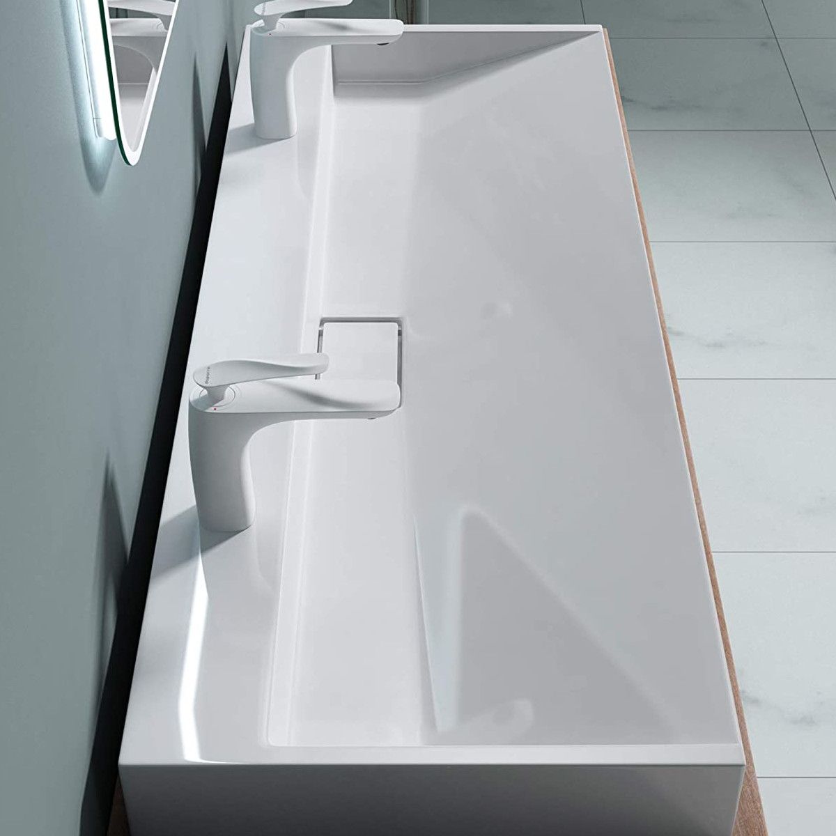 Doppelwaschbecken EGO 19, Weiß, Hochglanz, 120 cm, Marmorkomposit, Aufsatz-/Wandmontage, mit zwei Hahnlöchern