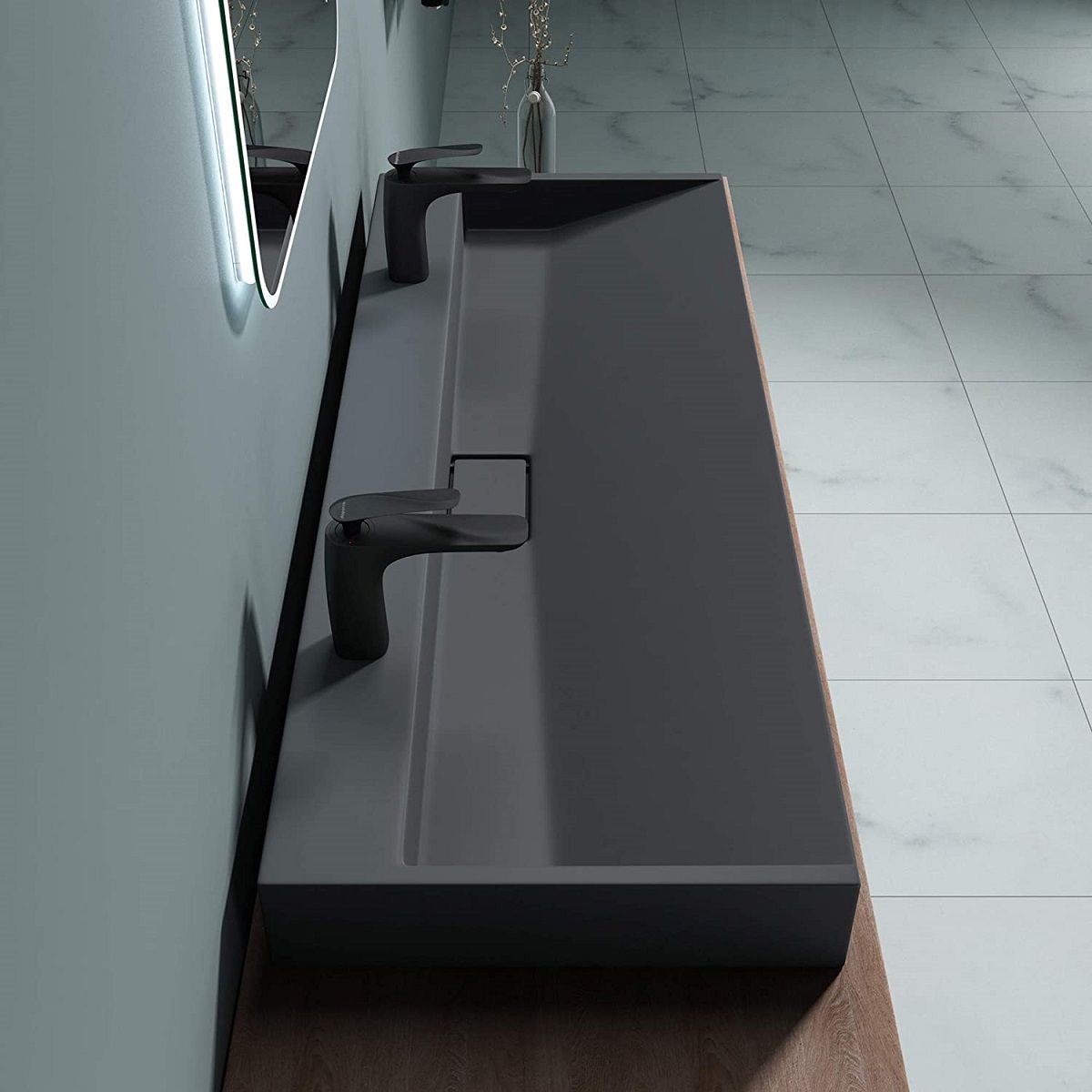 Doppelwaschbecken EGO 19, Anthrazit, matt, 120 cm, Mineralguss, wandhängend oder aufgesetzt, mit zwei Armaturlöchern