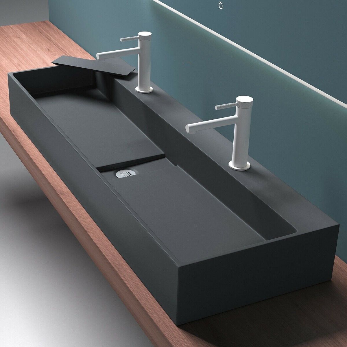 Doppelwaschbecken EGO 6028, versteckter Abfluss, Matt Anthrazit, Marmorkomposit, Aufsatz- oder Wandmontage, 120x40 cm