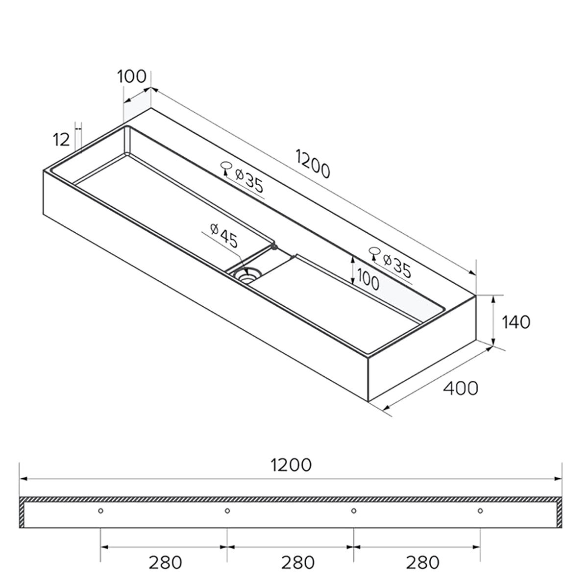 Doppelwaschbecken EGO 6028, versteckter Abfluss, Matt Anthrazit, Marmorkomposit, Aufsatz- oder Wandmontage, 120x40 cm