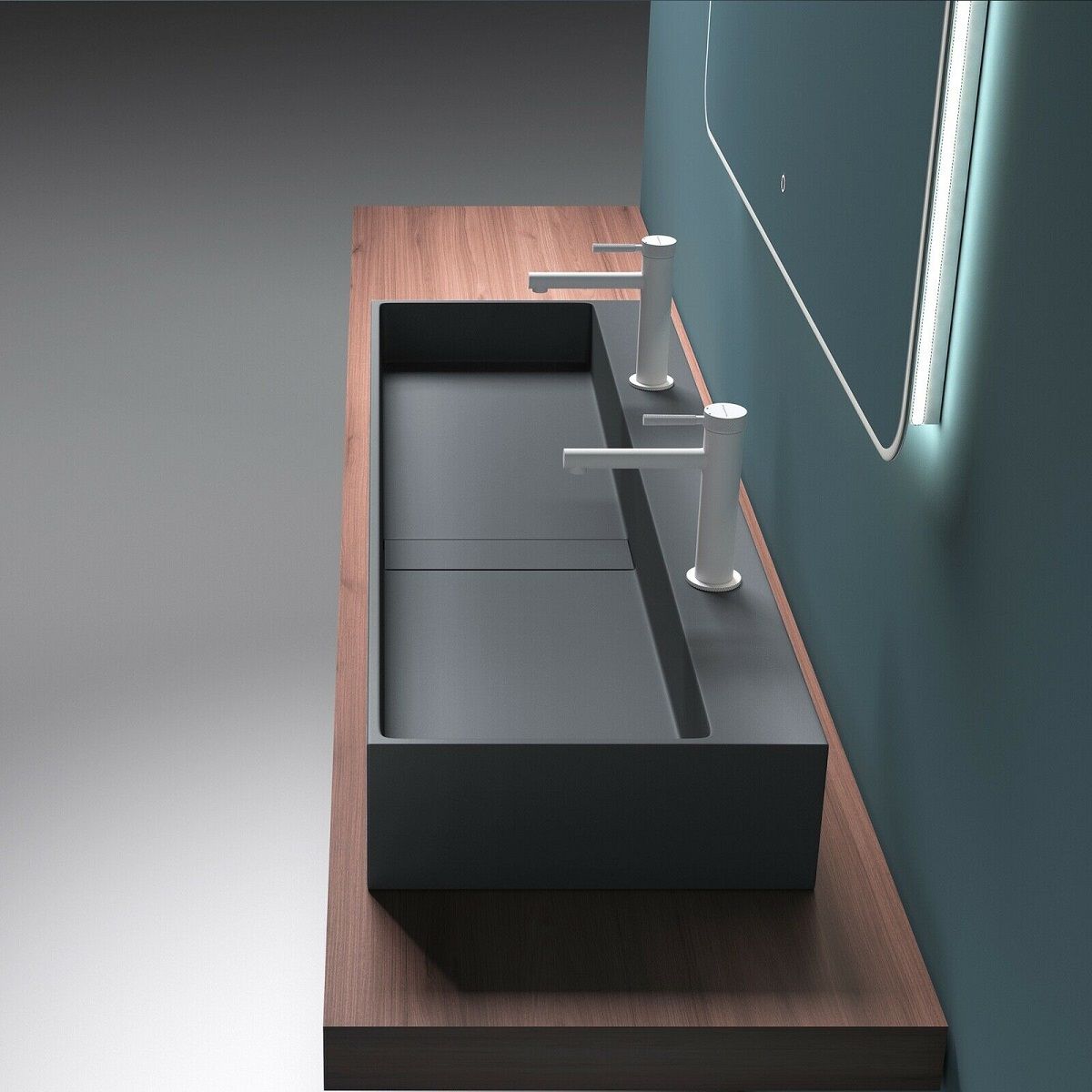 Doppelwaschbecken EGO 6028, versteckter Abfluss, Matt Anthrazit, Marmorkomposit, Aufsatz- oder Wandmontage, 120x40 cm