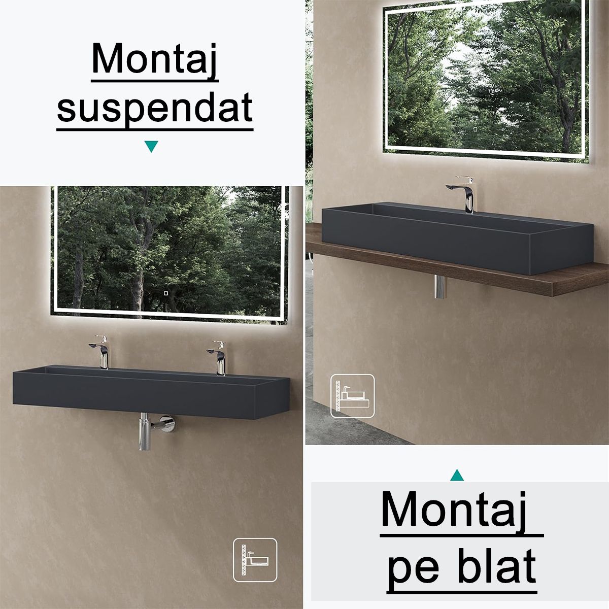 Doppelwaschbecken EGO 6028, versteckter Abfluss, Matt Anthrazit, Marmorkomposit, Aufsatz- oder Wandmontage, 120x40 cm