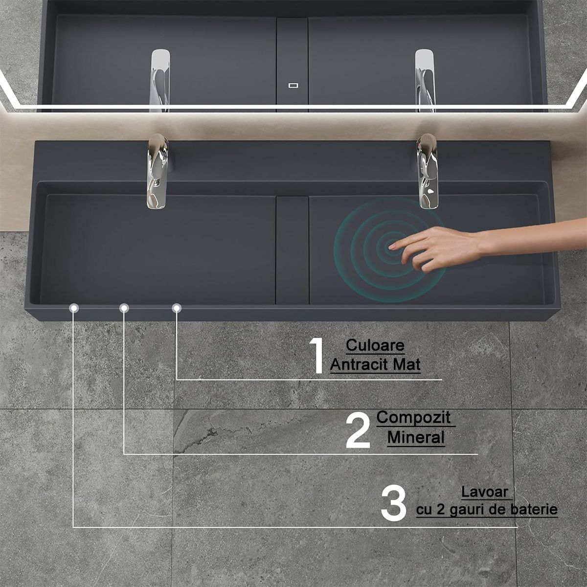 Doppelwaschbecken EGO 6028, versteckter Abfluss, Matt Anthrazit, Marmorkomposit, Aufsatz- oder Wandmontage, 120x40 cm