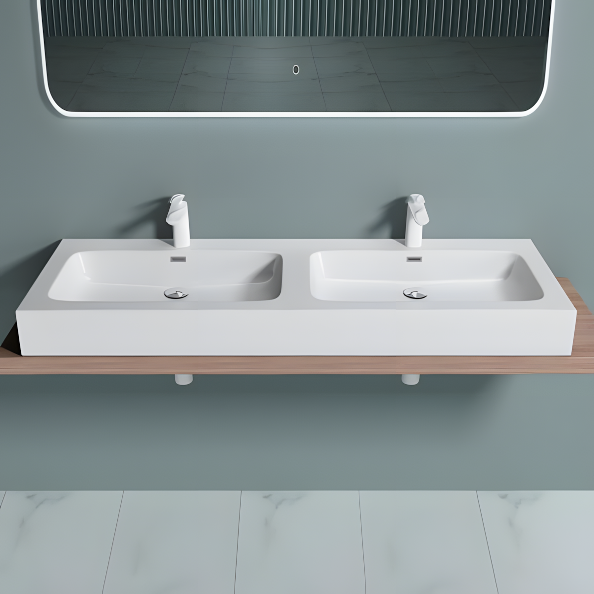 Doppelwaschbecken EGO 830, Weiß, glänzend, 140 x 48 cm, Aufsatz- oder Hängeinstallation, Verbundwerkstoff, zwei Armaturenlöchern