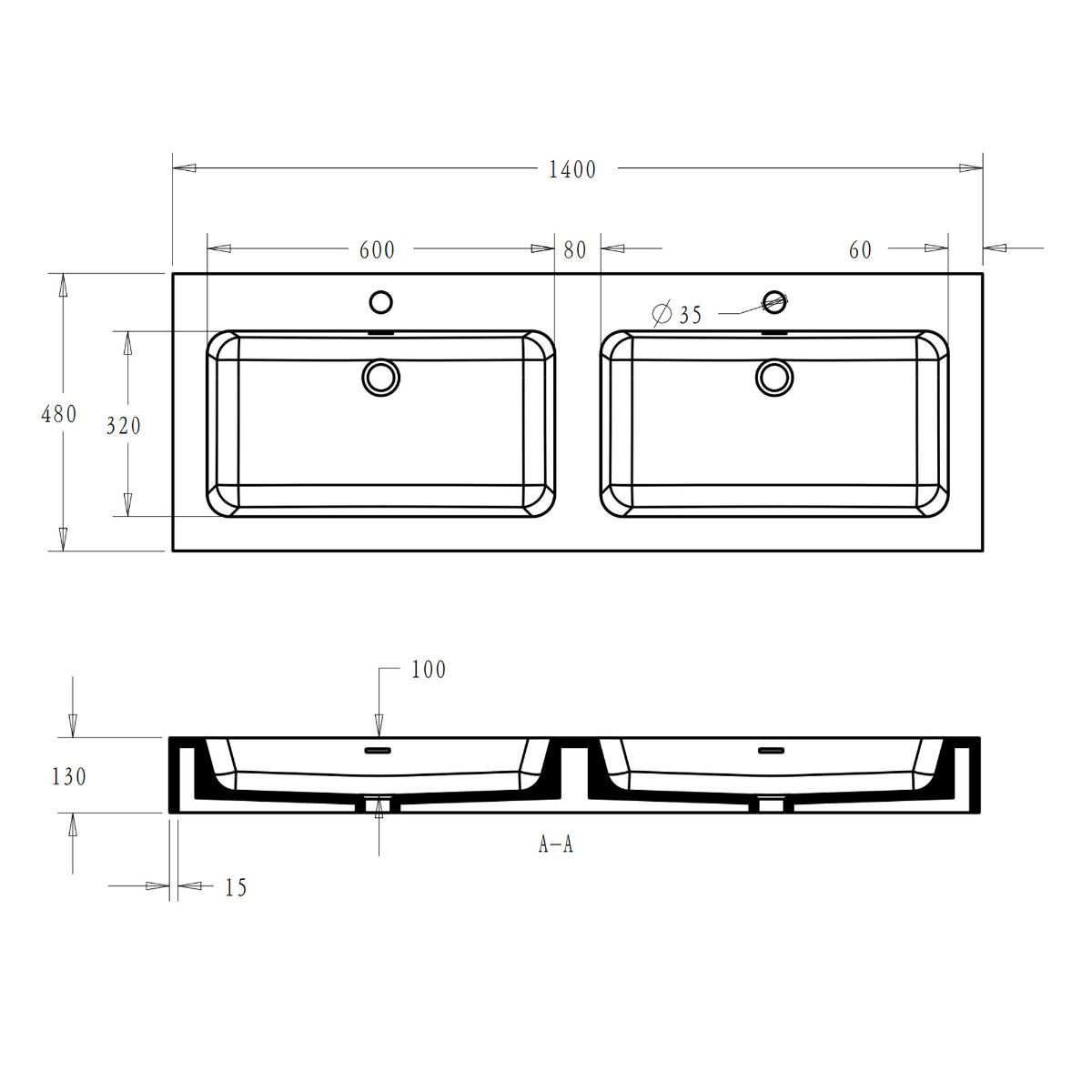 Waschbecken EGO-830, Marmorkomposit, Weiß matt, 140x48 cm
