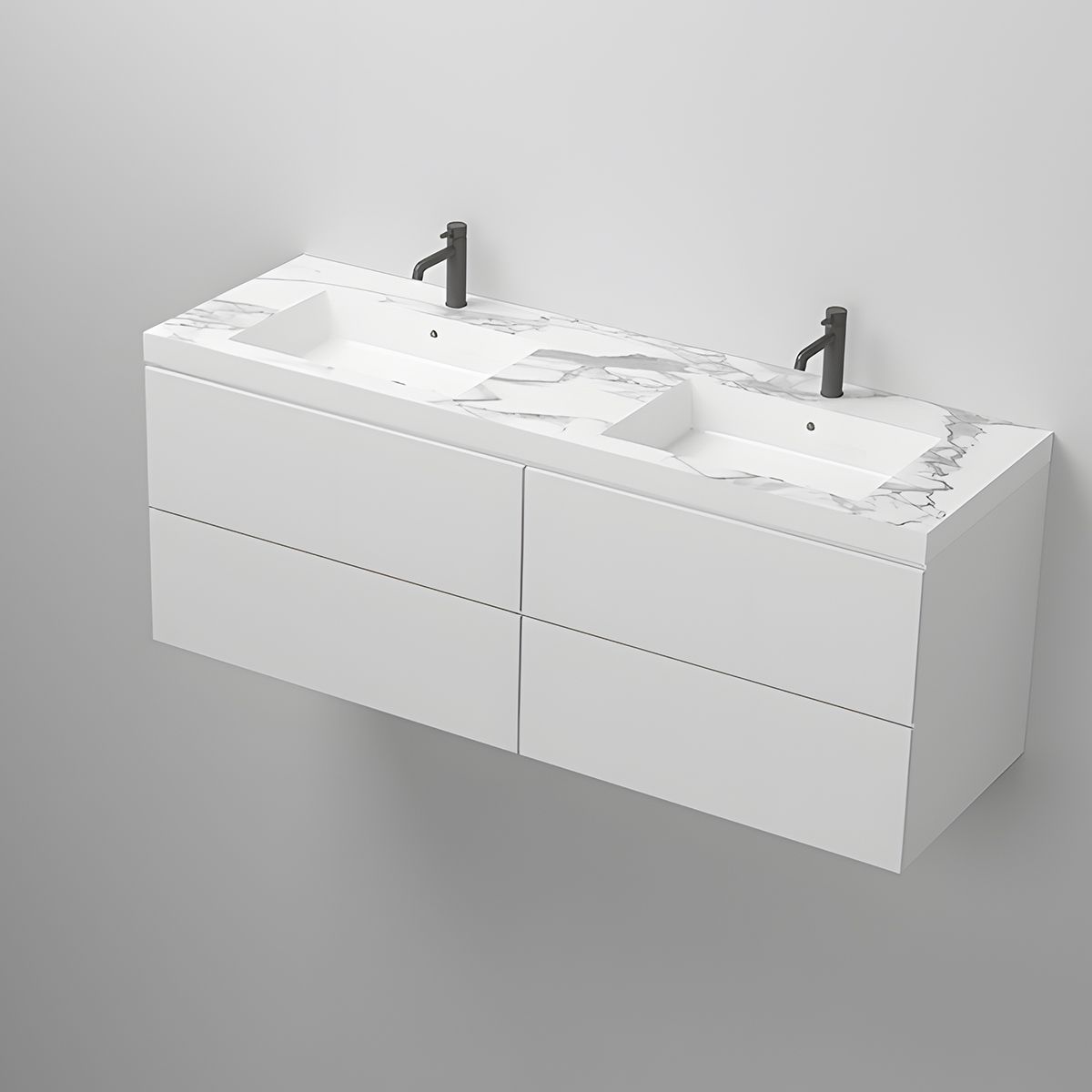 Doppelwaschbecken Paola, Weiß Carrara Arabescato Finish, Mineralkomposit, Halb-Einbaumontage, mit 2 Armaturenlöchern, 140x45 cm
