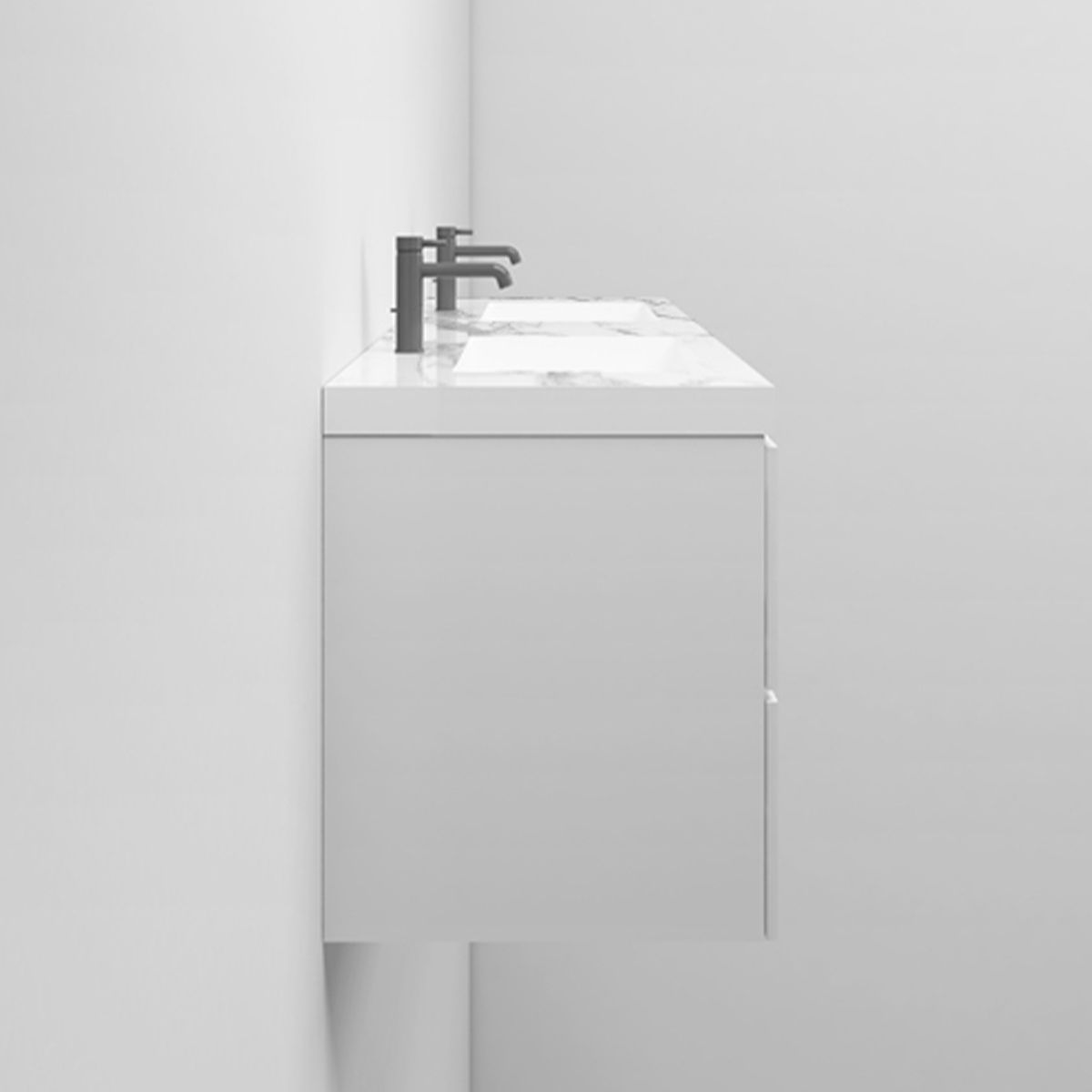 Doppelwaschbecken Paola, Weiß Carrara Arabescato Finish, Mineralkomposit, Halb-Einbaumontage, mit 2 Armaturenlöchern, 140x45 cm