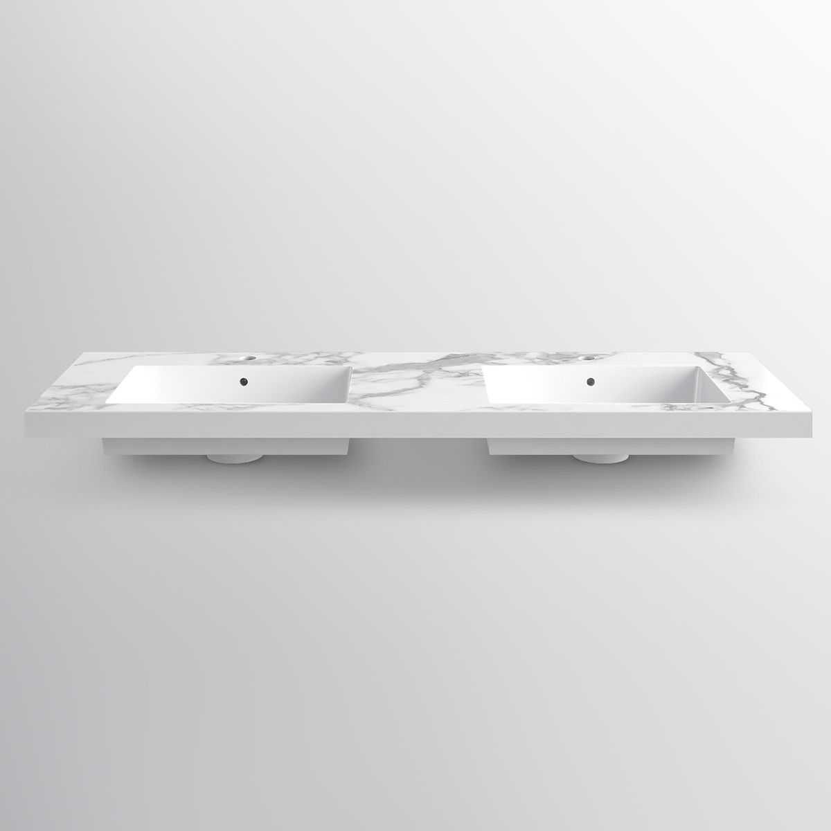 Doppelwaschbecken Paola, Weiß Carrara Arabescato Finish, Mineralkomposit, Halb-Einbaumontage, mit 2 Armaturenlöchern, 140x45 cm