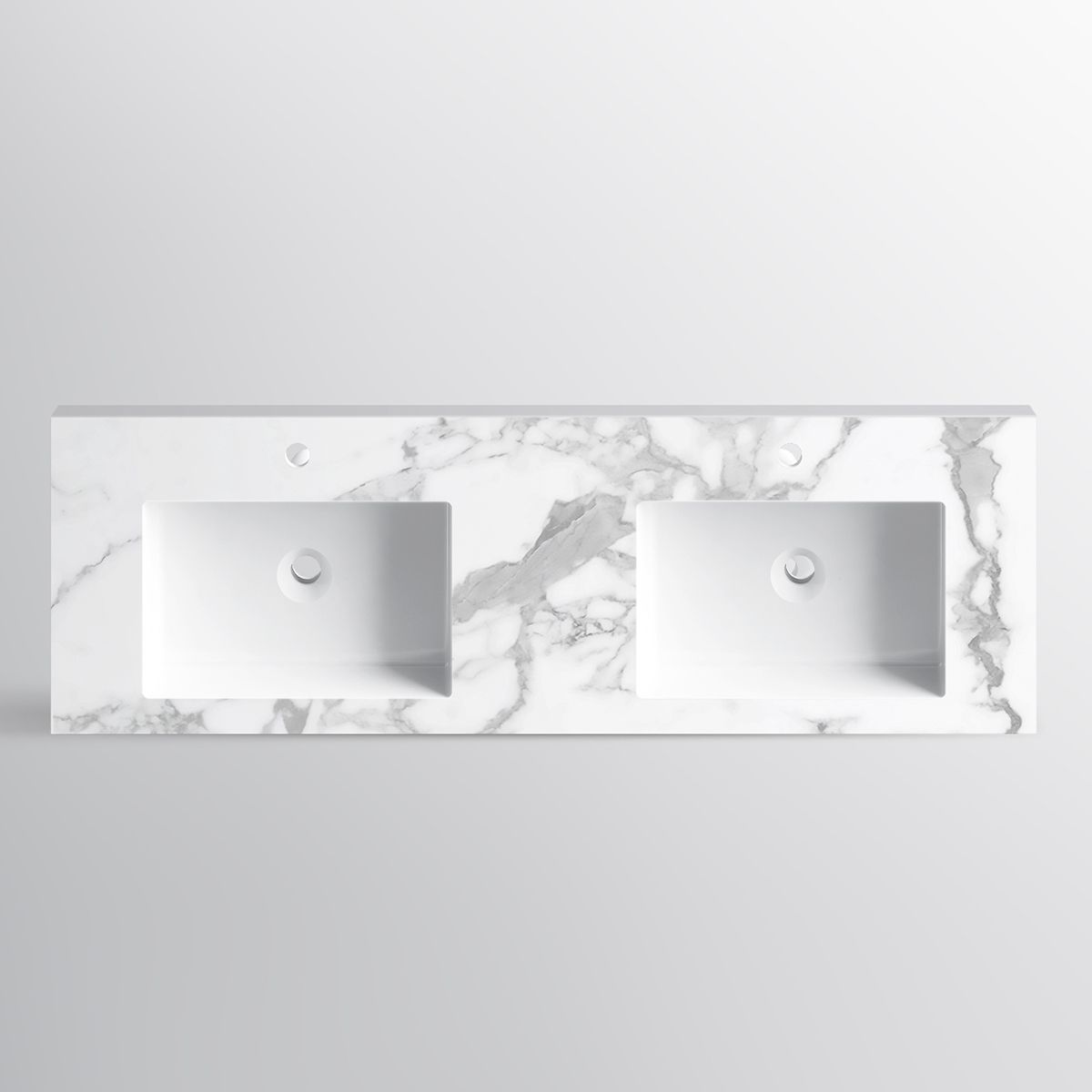 Doppelwaschbecken Paola, Weiß Carrara Arabescato Finish, Mineralkomposit, Halb-Einbaumontage, mit 2 Armaturenlöchern, 140x45 cm