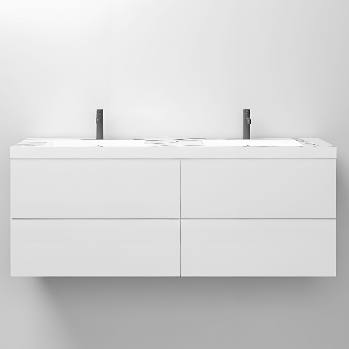 Doppelwaschbecken Paola, Weiß Carrara Arabescato Finish, Mineralkomposit, Halb-Einbaumontage, mit 2 Armaturenlöchern, 140x45 cm
