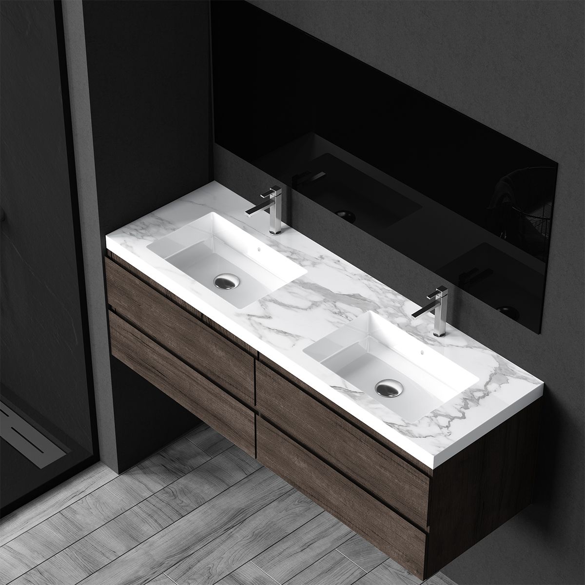 Doppelwaschbecken Paola, Weiß Carrara Arabescato Finish, Mineralkomposit, Halb-Einbaumontage, 2 Armaturenlöchern, 161x54.2 cm
