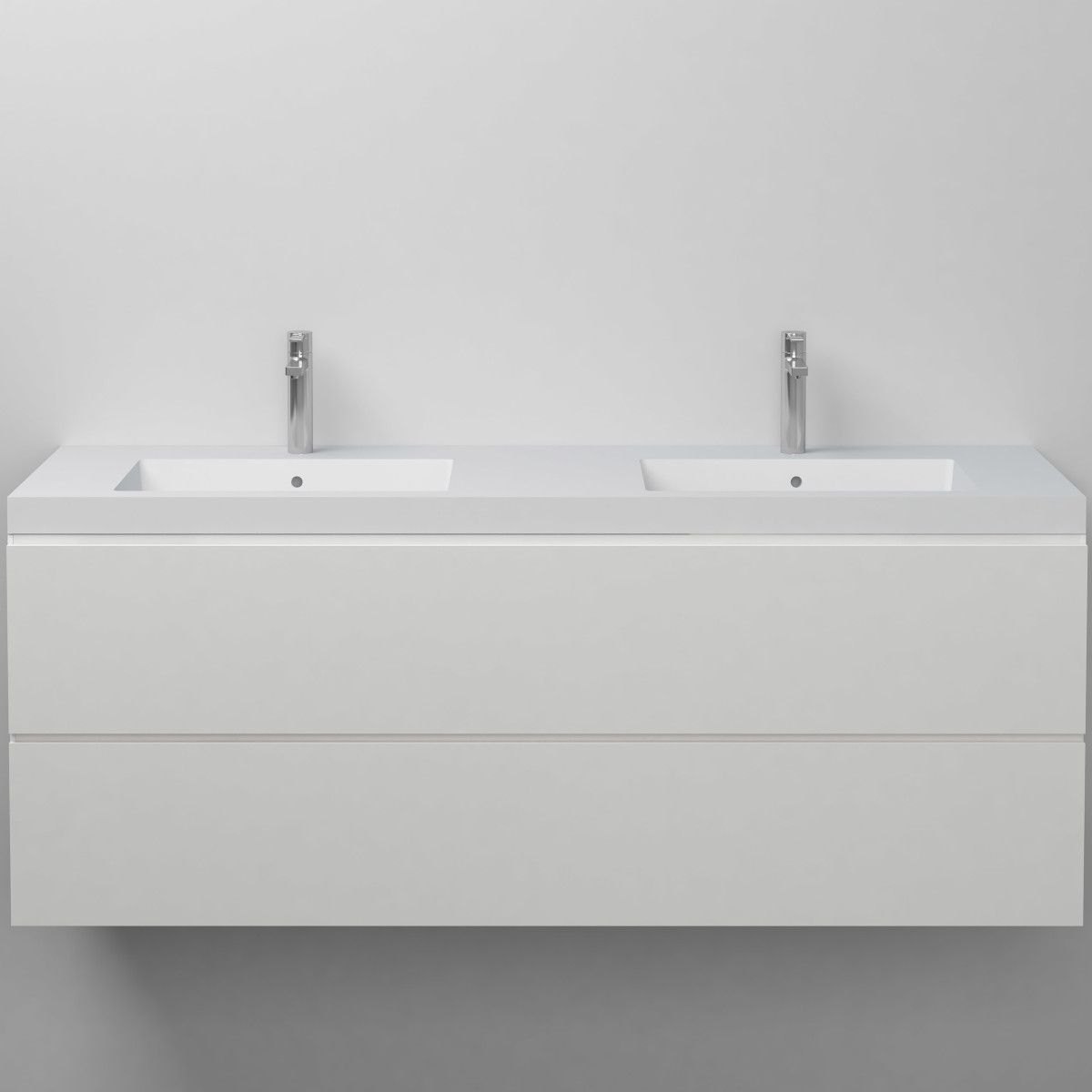 Paola Doppelwaschbecken, Mineralwerkstoff, Halb-Einbaumontage, mit 2 Hahnlöchern, 140x45 cm