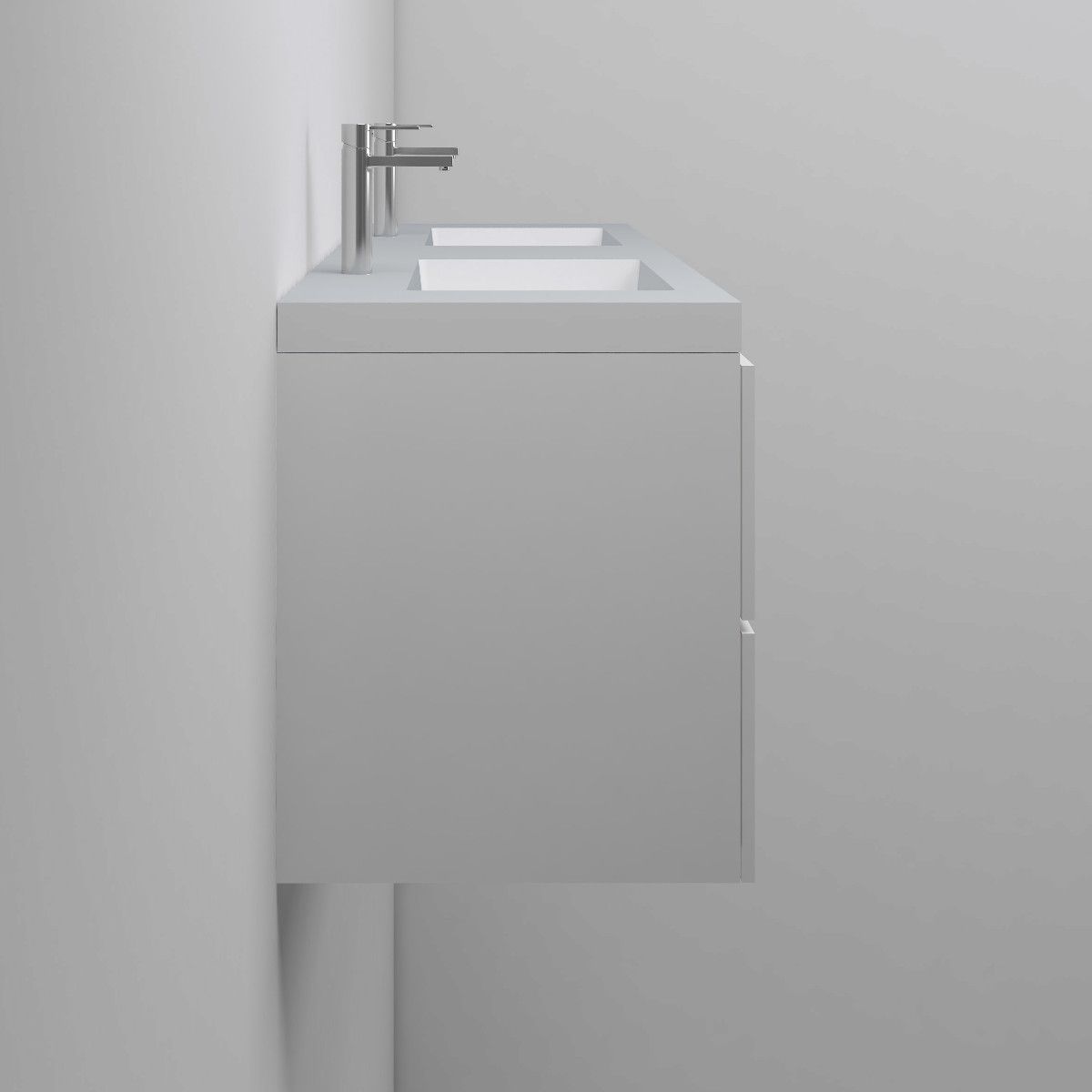 Paola Doppelwaschbecken, Mineralwerkstoff, Halb-Einbaumontage, mit 2 Hahnlöchern, 140x45 cm
