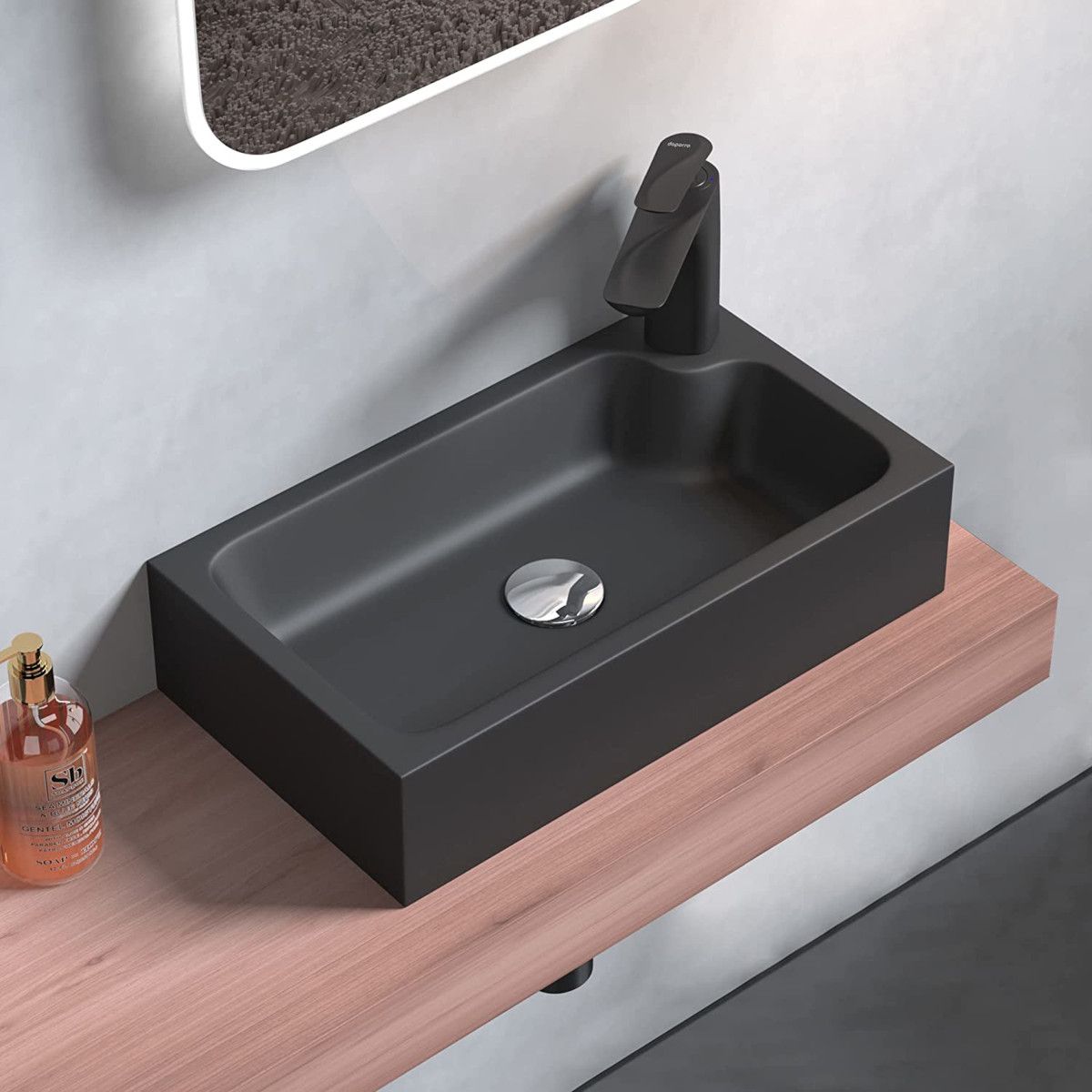 Waschbecken EGO 101, Anthrazit matt, 46x26 cm, Aufsatzmontage, Mineralguss, mit Hahnloch