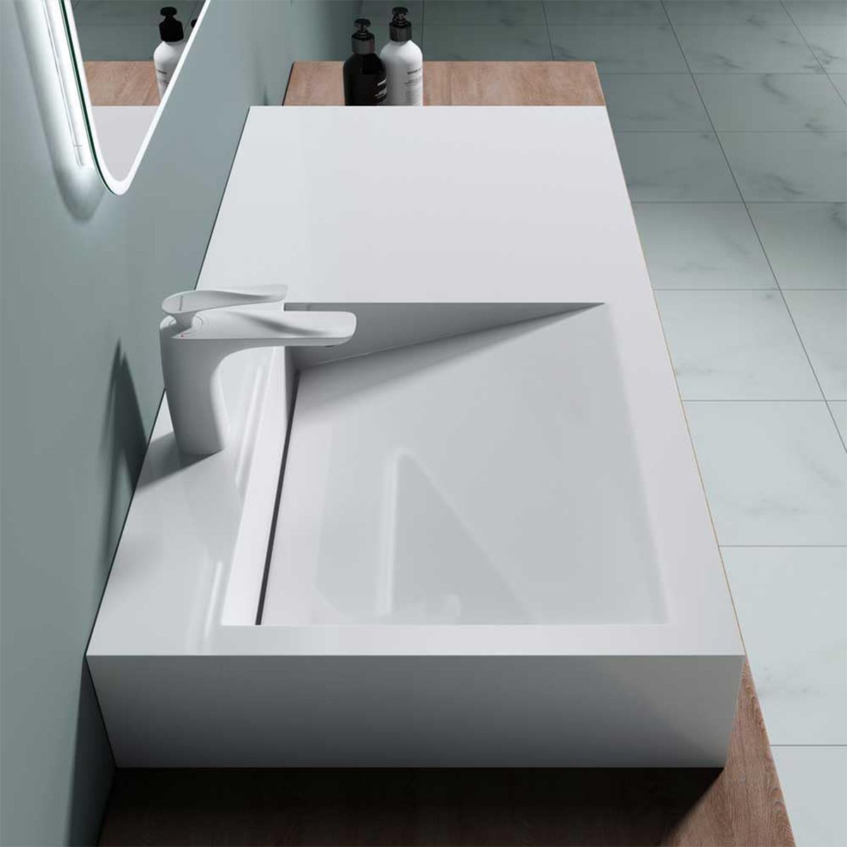 Waschbecken EGO 11, Weiß, Hochglanz, 100x50 cm, Marmorkomposit, Aufsatz-/Wandmontage, versteckter Abfluss, mit Hahnloch