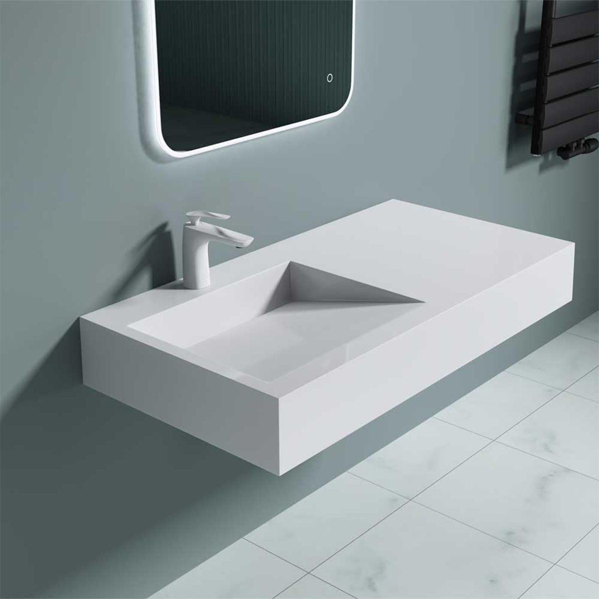 Waschbecken EGO 11, Weiß, Hochglanz, 100x50 cm, Marmorkomposit, Aufsatz-/Wandmontage, versteckter Abfluss, mit Hahnloch