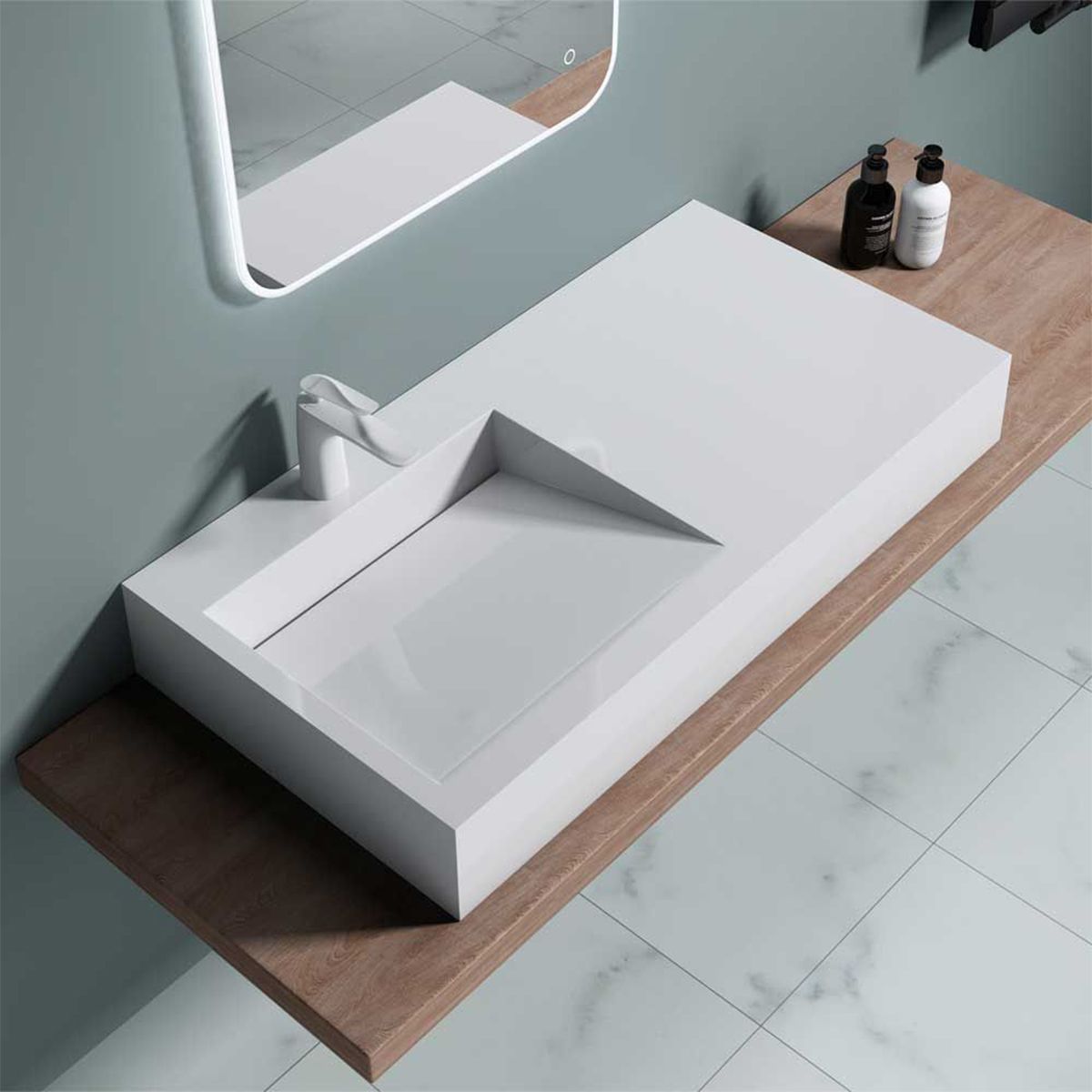 Waschbecken EGO 11, Weiß, Hochglanz, 100x50 cm, Marmorkomposit, Aufsatz-/Wandmontage, versteckter Abfluss, mit Hahnloch