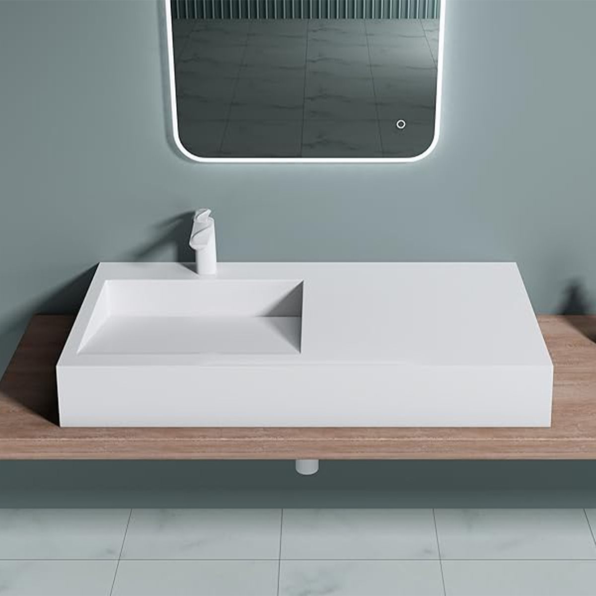 Waschbecken EGO 11, Weiß, Hochglanz, 100x50 cm, Marmorkomposit, Aufsatz-/Wandmontage, versteckter Abfluss, mit Hahnloch