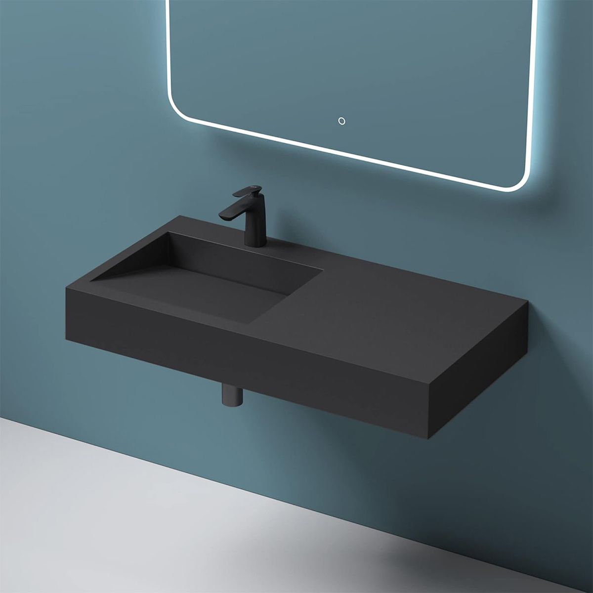 Waschbecken EGO 11, Anthrazit Matt, 100x50 cm, Marmorkomposit, Aufsatz-/Wandmontage, versteckter Abfluss, mit Hahnloch