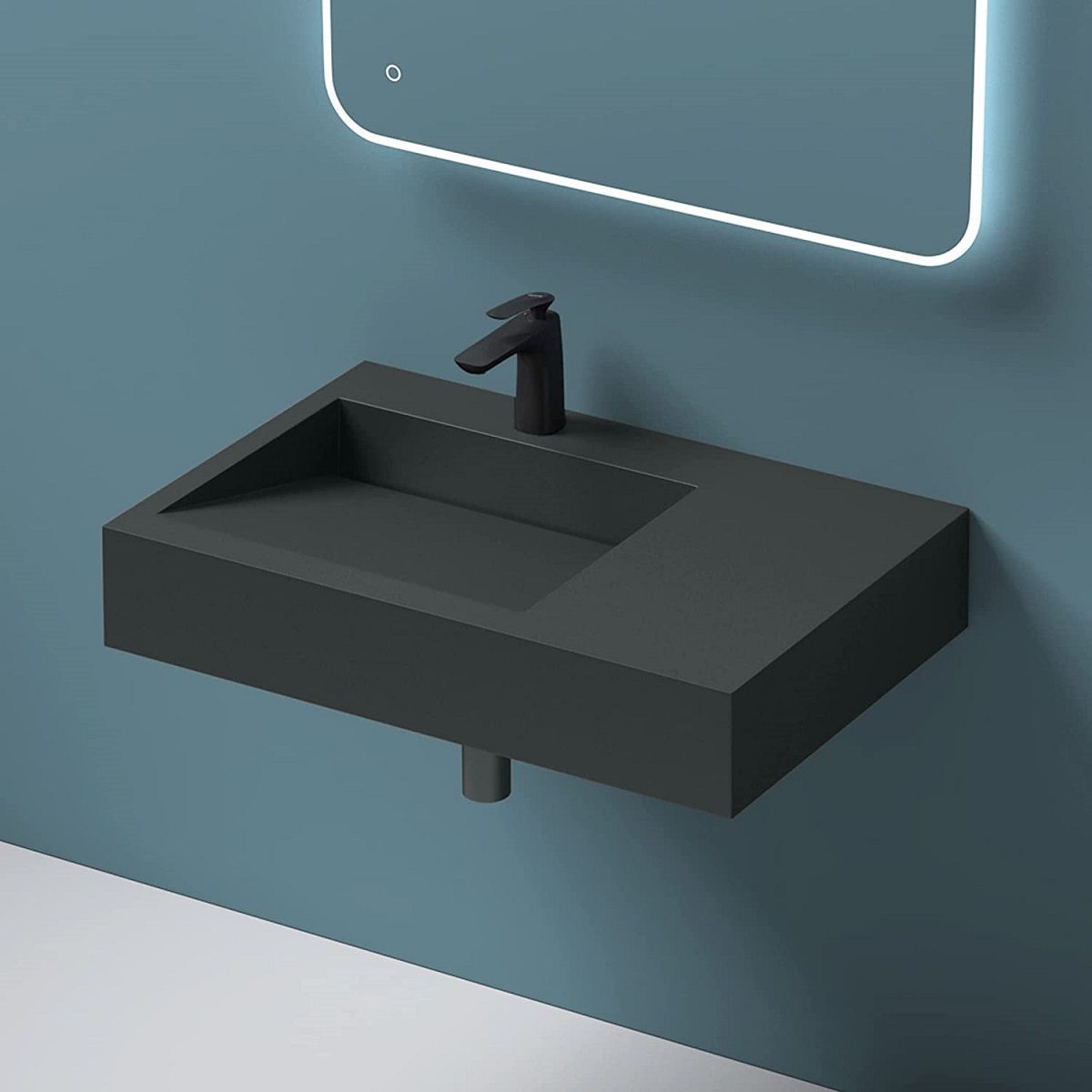 Waschbecken EGO 11, Anthrazit Matt, 75x50 cm, Marmorkomposit, Aufsatz-/Wandmontage, versteckter Abfluss, mit Hahnloch