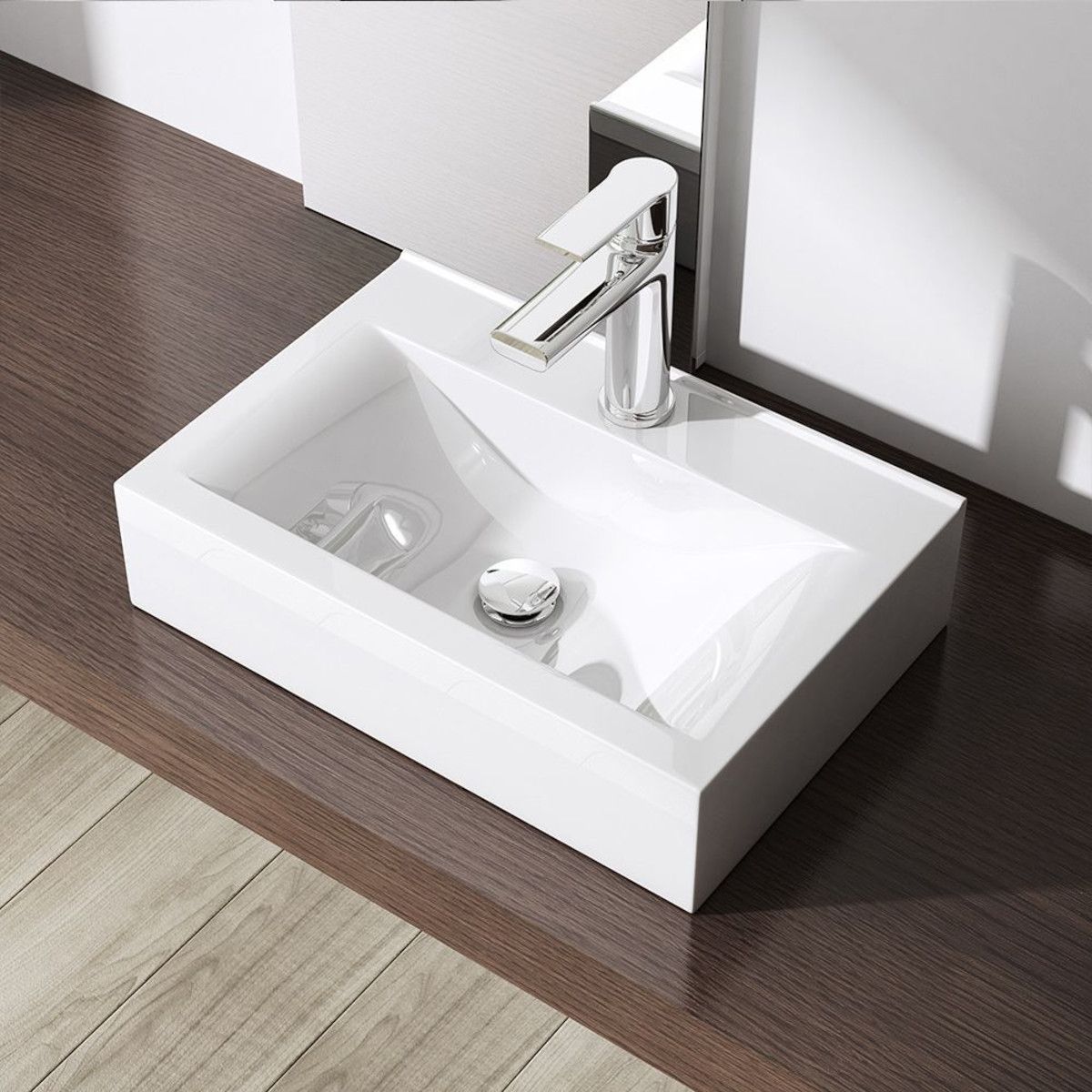 Waschbecken EGO 118, Weiß, glänzend, 45,5 cm, Aufsatz- oder Wandmontage, Sanitärkeramik, mit Hahnloch