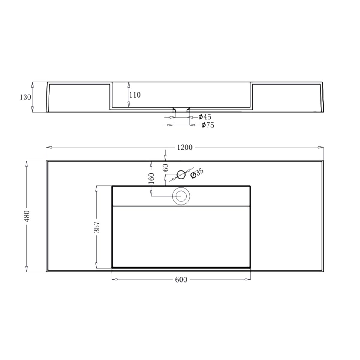 Waschbecken EGO 12, Weiß, 120x48 cm, Marmorkomposit, Aufsatz- oder Wandmontage, verdeckter Ablauf