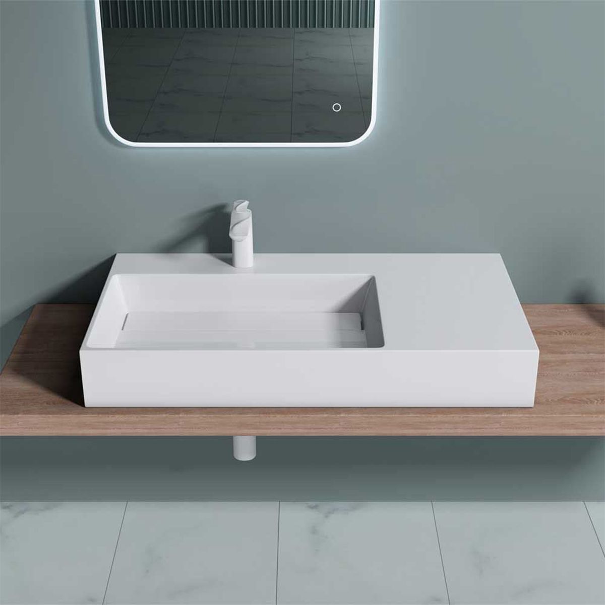 Waschbecken EGO 12 L, Weiß, 90x48 cm, Marmorkomposit, Aufsatz- oder Wandmontage, verdeckter Ablauf, Hahnloch links