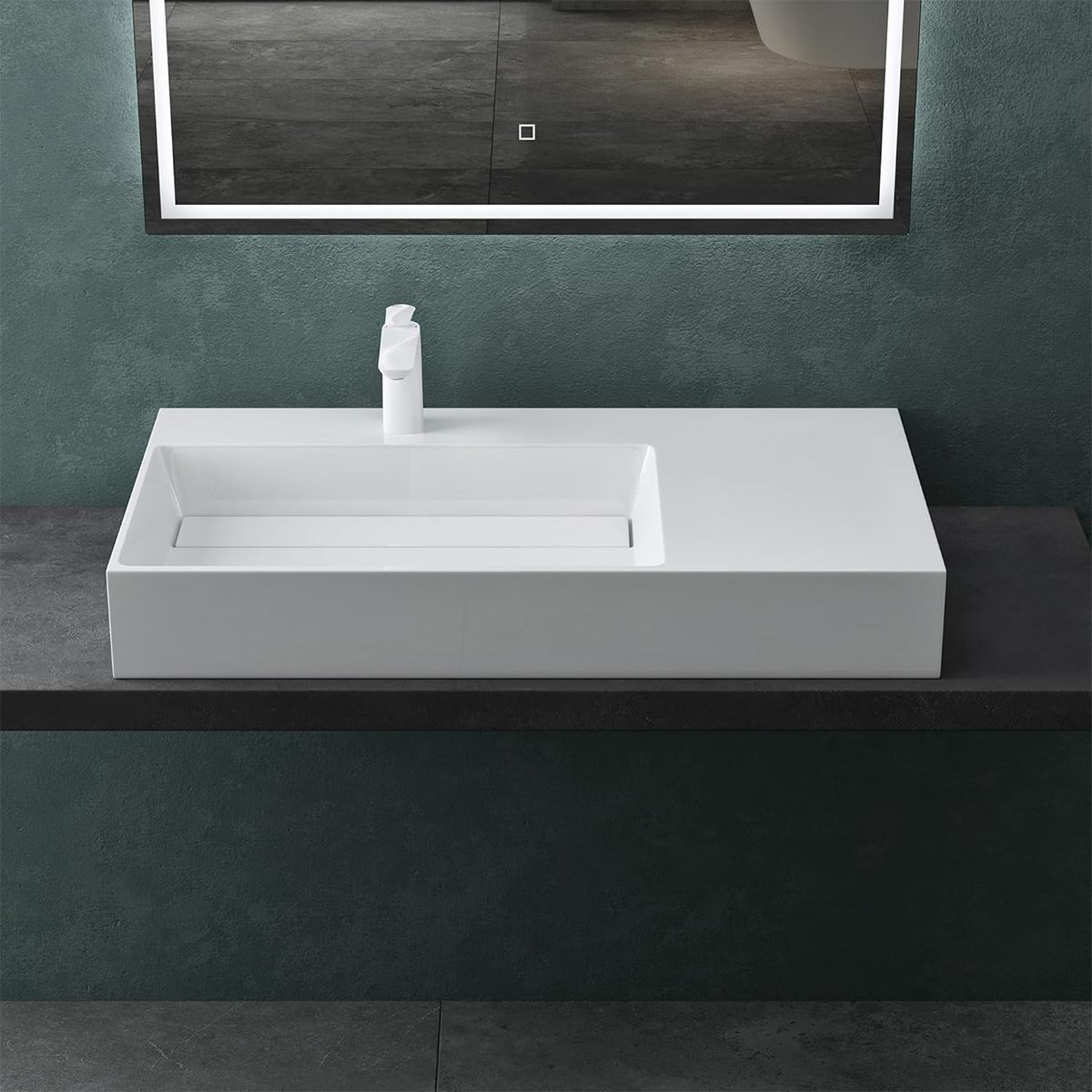 Waschbecken EGO 12 L, Weiß, 90x48 cm, Marmorkomposit, Aufsatz- oder Wandmontage, verdeckter Ablauf, Hahnloch links