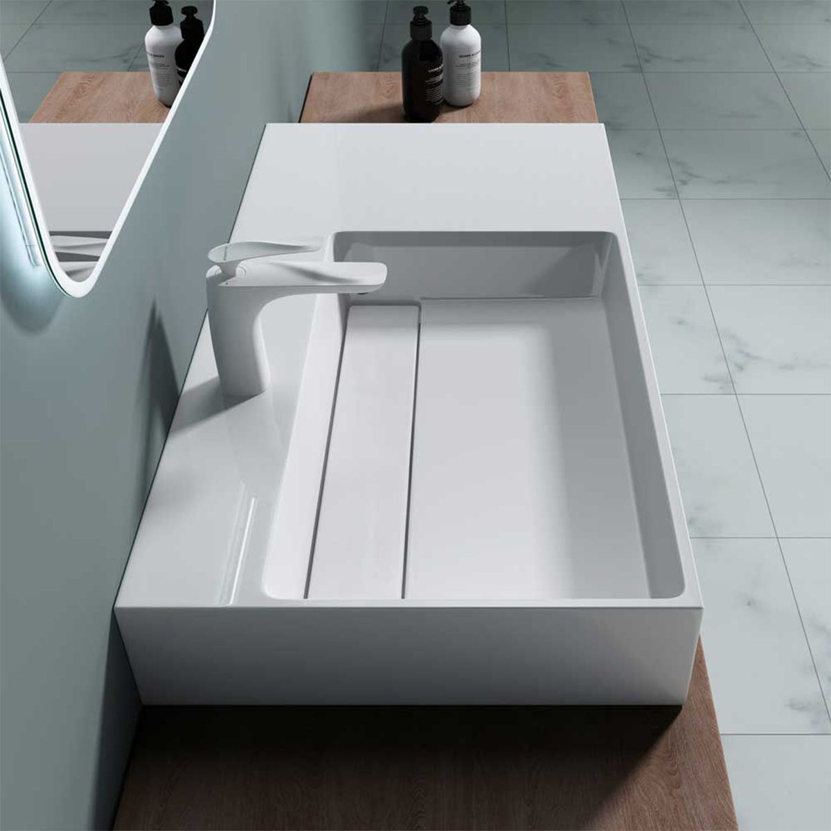 Waschbecken EGO 12 L, Weiß, 90x48 cm, Marmorkomposit, Aufsatz- oder Wandmontage, verdeckter Ablauf, Hahnloch links