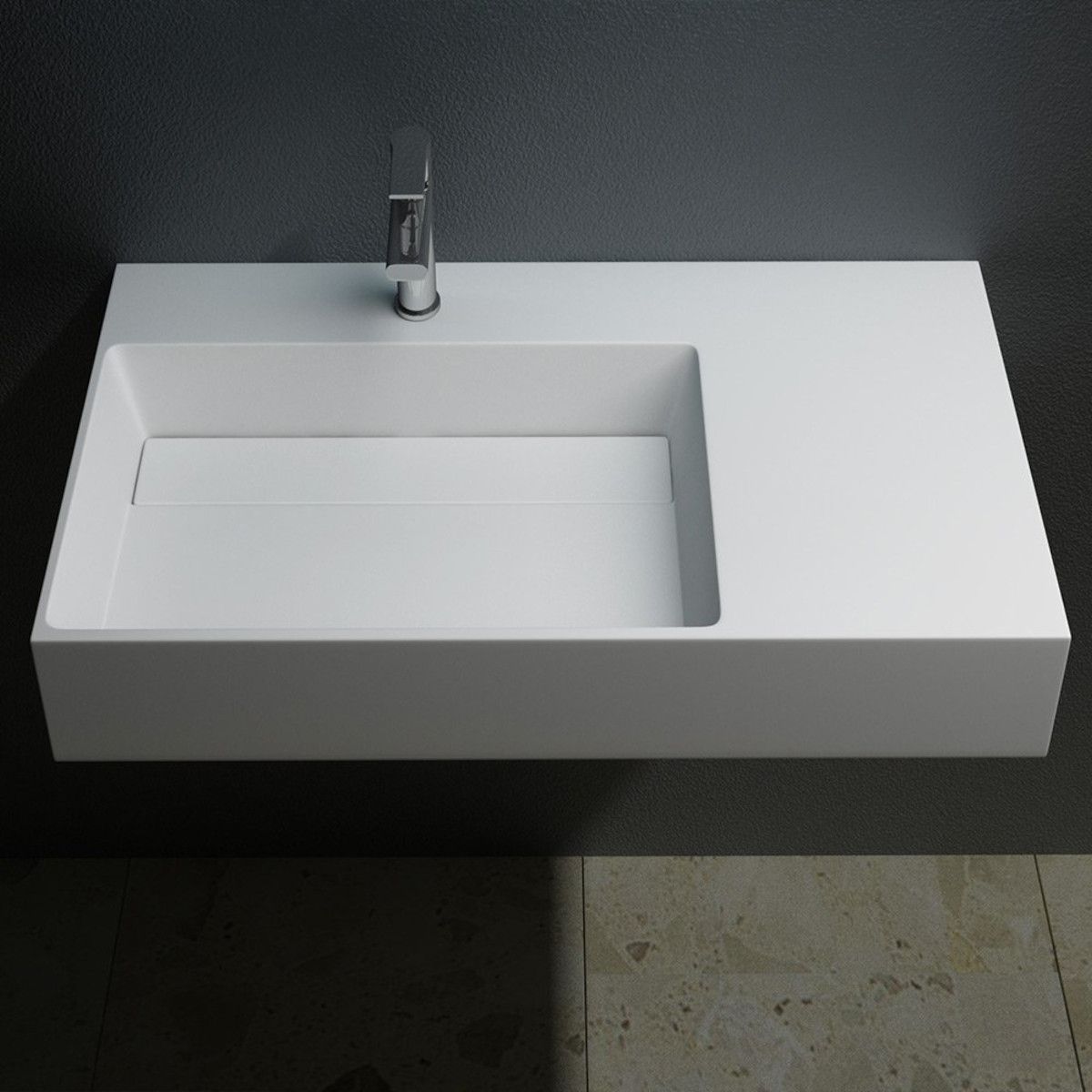 Waschbecken EGO 12 L, Weiß, 90x48 cm, Marmorkomposit, Aufsatz- oder Wandmontage, verdeckter Ablauf, Hahnloch links