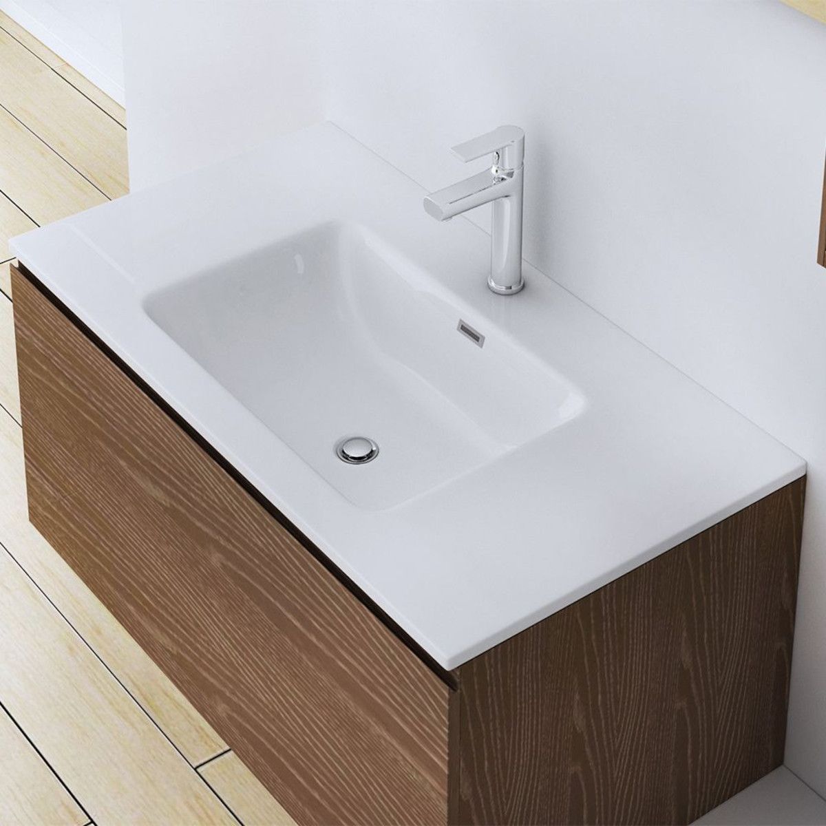 Waschbecken EGO 15A, Weiß, glänzend, Maße 60 cm, Halbeinbau, Marmorkomposit, Hahnloch und Überlauf
