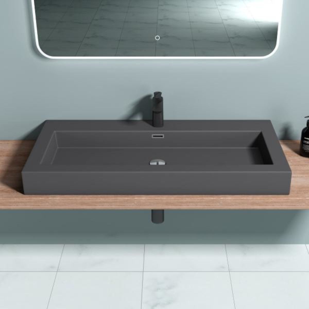 Waschbecken EGO 18, Anthrazit matt, Wand- oder Einbaumontage, Größe 100 cm, Marmorkomposit
